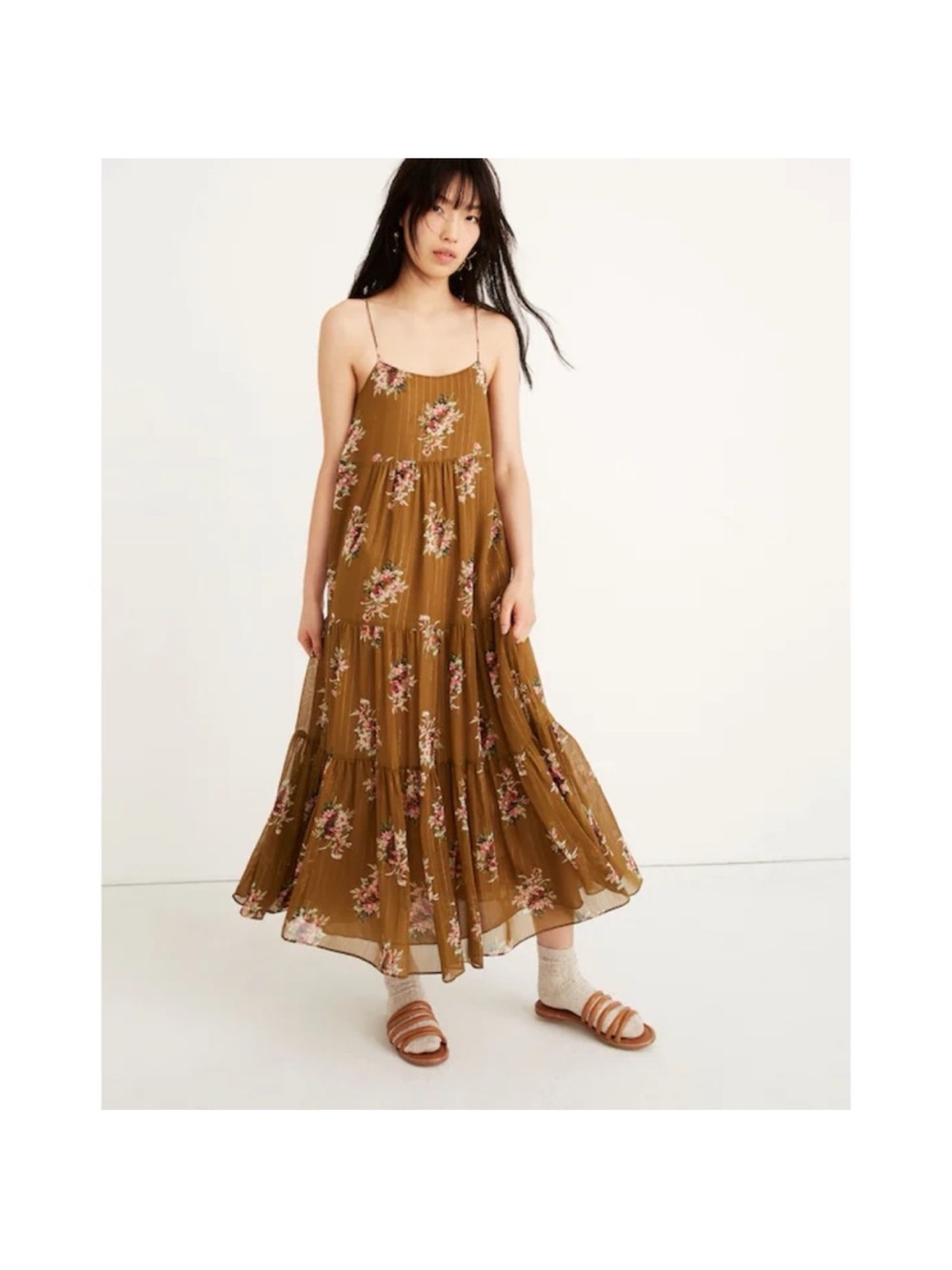Madewell Metallic Olive Green Tiered Spaghetti-Strap Maxi Dress
